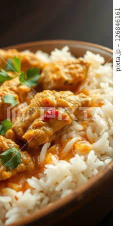 Delicious chicken curry served over fluffy white rice with fresh herbs garnishing the dish on a dark wooden table 126846161
