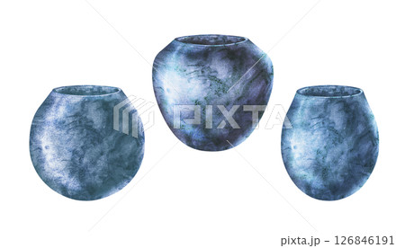 Monochrome blue flower pots for indoor, garden flowers and plants. Bright watercolor pastel ceramic vases, vases with textured gradient. Templates of various forms for home interior, garden 126846191