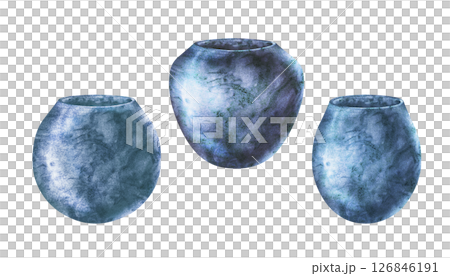 Monochrome blue flower pots for indoor, garden flowers and plants. Bright watercolor pastel ceramic vases, vases with textured gradient. Templates of various forms for home interior, garden 126846191