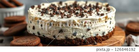 Delicious chocolate cheesecake topped with chocolate shavings and cookies arranged beautifully on a wooden board 126846192