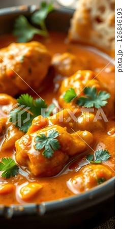 Savory dish with tender dumplings in rich sauce garnished with fresh herbs served on a dark plate 126846193
