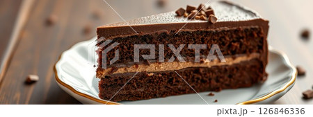 Chocolate layer cake with creamy filling and chocolate shavings on a decorative plate in warm lighting 126846336