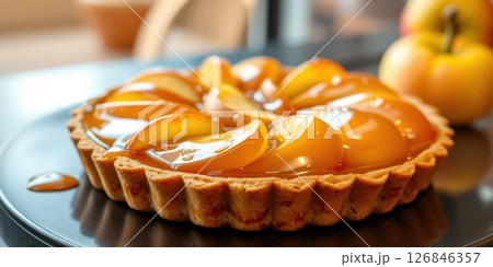 Freshly baked peach tart with shiny glaze sitting on a dark plate inside a cozy kitchen Freshly baked peach tart with shiny glaze sitting on a dark plate inside a cozy kitchen 126846357