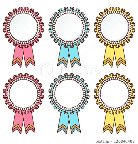 リボンの装飾 ロゼッタ メダル セット 装飾 勲章 名誉 ラインアート ピンク シアン イエロー リボンの装飾 ロゼッタ メダル セット 装飾 勲章 名誉 ラインアート ピンク シアン イエロー 126846408