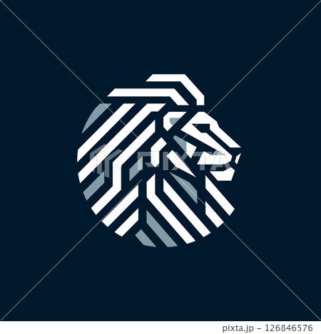 Modern lion head logo in abstract striped style for bold branding and corporate identity 126846576