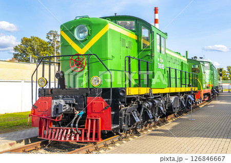 Green classic vintage retro train trains steam locomotive locomotives Belarus. 126846667