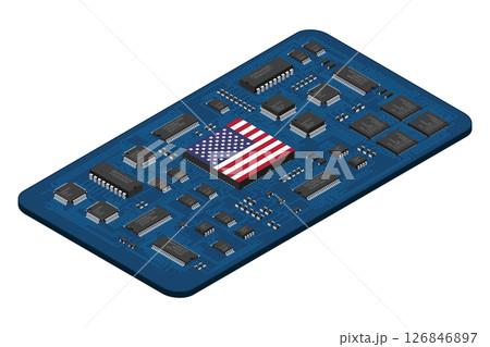 Isometric electronic board with USA flag. Isometric printed circuit board with electronic components. Electronic components and integrated circuit board Isometric electronic board with USA flag. Isometric printed circuit board with electronic components. Electronic components and integrated circuit board 126846897