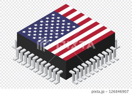 Microchip computer electronic component with USA flag. Microchip icon. Isometric microchip. Computer processor technology. Microprocessor 126846907