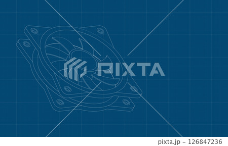 Isometric computer fan blueprint. Computer fan cooler. Isometric of PC case fan. Computer hardware components. Vector illustration 126847236