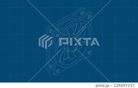 Isometric computer fan blueprint. Computer fan cooler. Isometric of PC case fan. Computer hardware components. Vector illustration 126847237