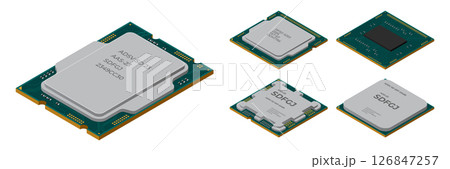 Set of isometric processor. Central processing unit or CPU. Computer hardware components. Semiconductor technology concept. Vector illustration 126847257