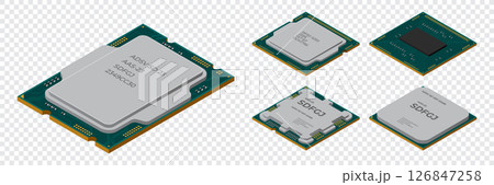 Set of isometric processor. Central processing unit or CPU. Computer hardware components. Semiconductor technology concept. Vector illustration 126847258