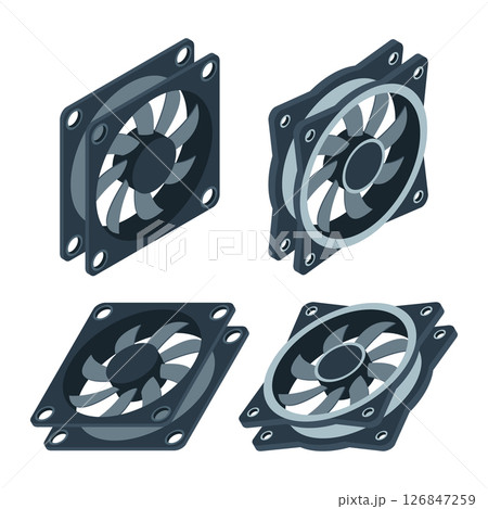 Set of isometric computer fan. Computer fan cooler. Isometric of PC case fan. Computer hardware components. Vector illustration 126847259
