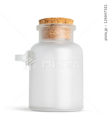 Empty transparent frosted glass jar with cork lid isolated on white background for packaging or product mockup Empty transparent frosted glass jar with cork lid isolated on white background for packaging or product mockup 126847381