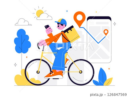 Courier or Delivery Service Vector Illustration Featuring Workers Delivering Goods Such as Food or Documents in Cardboard Package Boxes in Background Courier or Delivery Service Vector Illustration Featuring Workers Delivering Goods Such as Food or Documents in Cardboard Package Boxes in Background 126847569