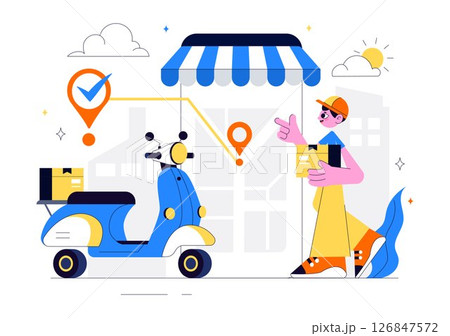Courier or Delivery Service Vector Illustration Featuring Workers Delivering Goods Such as Food or Documents in Cardboard Package Boxes in Background Courier or Delivery Service Vector Illustration Featuring Workers Delivering Goods Such as Food or Documents in Cardboard Package Boxes in Background 126847572