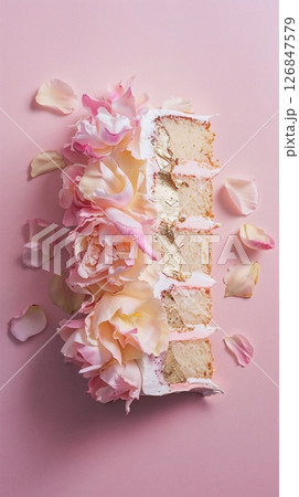 A top view of a sliced loaf cake with floral icing and delicate pink petals over a soft monochrome pink background. A top view of a sliced loaf cake with floral icing and delicate pink petals over a soft monochrome pink background. 126847579
