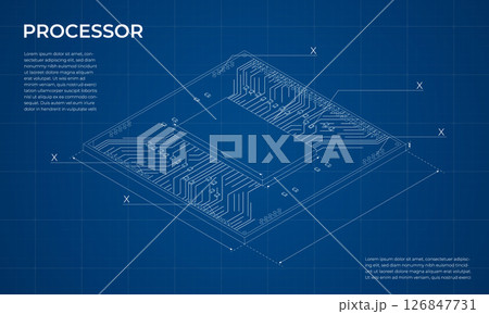 Isometric processor blueprint. Central processing unit or CPU. Computer hardware components. Semiconductor technology concept. Vector illustration 126847731