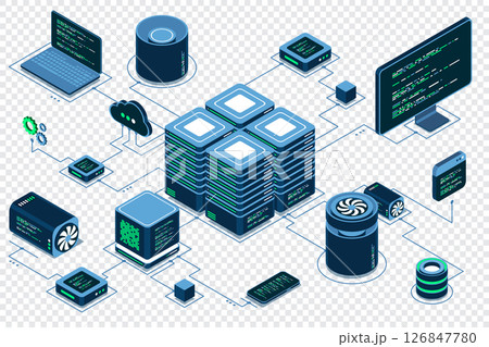 Computer technology isometric illustration. Computation of big data center. Cloud computing. Online devices upload and download information. Isometric technology 126847780