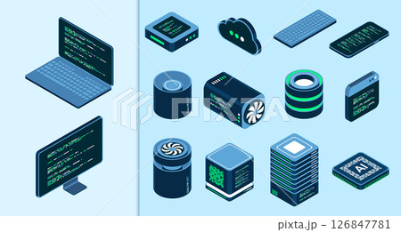 Set of isometric computer technology. Isometric set server equipment. Technology isometric icons. Digital technology items. Isometric technology Set of isometric computer technology. Isometric set server equipment. Technology isometric icons. Digital technology items. Isometric technology 126847781