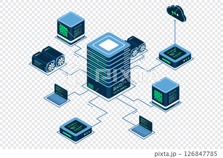 Computer technology isometric illustration. Computation of big data center. Cloud computing. Online devices upload and download information. Isometric technology Computer technology isometric illustration. Computation of big data center. Cloud computing. Online devices upload and download information. Isometric technology 126847785