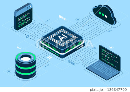 Isometric artificial intelligence chip concept. Artificial Intelligence server. Futuristic microchip processor. Isometric cloud computing. Isometric technology 126847790