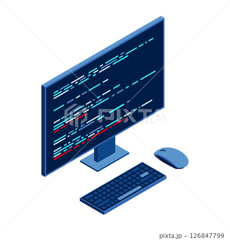Isometric monitor with program code on screen. Computer programming with keyboard and mouse. Programming concept. Web development. Isometric technology Isometric monitor with program code on screen. Computer programming with keyboard and mouse. Programming concept. Web development. Isometric technology 126847799