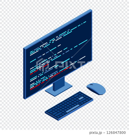 Isometric monitor with program code on screen. Computer programming with keyboard and mouse. Programming concept. Web development. Isometric technology Isometric monitor with program code on screen. Computer programming with keyboard and mouse. Programming concept. Web development. Isometric technology 126847800