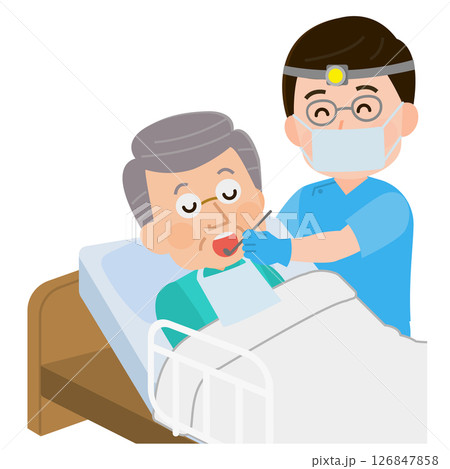 訪問歯科医　往診する男性歯科医師と患者の高齢男性　イラスト 126847858
