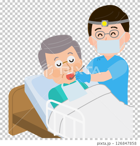 訪問歯科医　往診する男性歯科医師と患者の高齢男性　イラスト 126847858