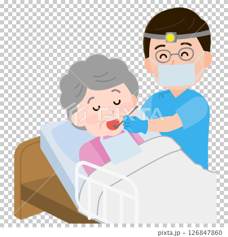 Visiting dentist: A male dentist making a house call and an elderly female patient, illustration 126847860