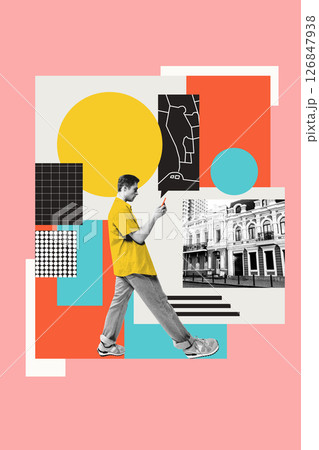 Conceptual art collage. City navigation shows man walking with smartphone, abstract map layers and city collage in background. Retro pixel style 126847938