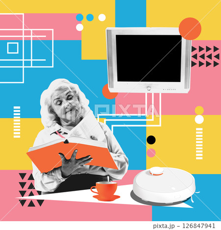 Conceptual art collage. Invisible help shows elderly woman reading near TV while robot vacuum cleans in colorful backdrop. Retro pixel art 126847941