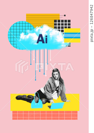 Creative retro pixel design. Remote learning support shows teen girl studying on laptop under AI cloud in colorful geometric space. 126847942