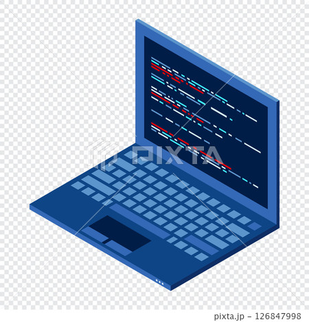 Isometric Laptop. 3d isometric laptop computer. Abstract programming language and program code on a laptop screen. Isometric technology Isometric Laptop. 3d isometric laptop computer. Abstract programming language and program code on a laptop screen. Isometric technology 126847998