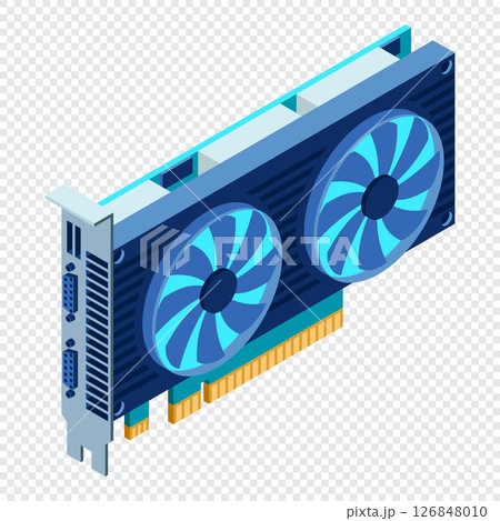 3d isometric video graphic card. Isometric of device graphic card. Personal computer hardware component. Isometric technology 126848010