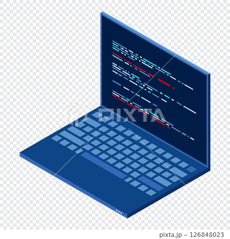 Isometric Laptop. 3d isometric laptop computer. Abstract programming language and program code on a laptop screen. Isometric technology 126848023