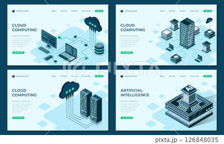 Set of isometric landing page template. Modern technology concept for cloud computing and artificial intelligence technology 126848035
