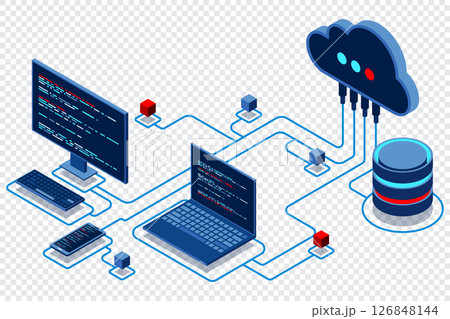 Cloud technology computing concept. Modern cloud technology. Data center isometric concept. Isometric cloud technology with datacenter. Web hosting concept. Isometric technology 126848144