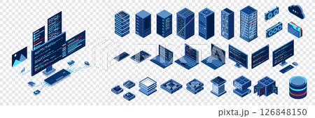 Set of isometric computer technology. Isometric set server equipment. Modern technology concept for cloud computing. Isometric technology 126848150