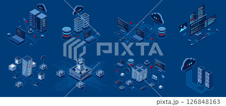 Set of isometric modern technology concept for cloud computing, Datacenter, Database, artificial intelligence, and blockchain technology. Isometric technology Set of isometric modern technology concept for cloud computing, Datacenter, Database, artificial intelligence, and blockchain technology. Isometric technology 126848163
