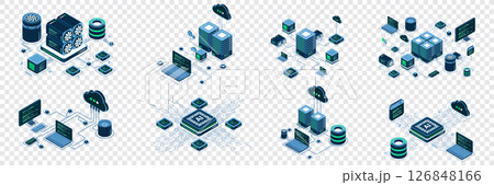 Set of isometric modern technology concept for cloud computing, Datacenter, Database, artificial intelligence, and blockchain technology. Isometric technology 126848166