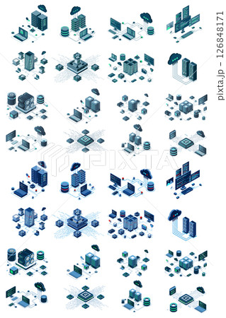 Large set of isometric modern technology concept for cloud computing, datacenter, database, artificial intelligence, and blockchain technology. Isometric technology Large set of isometric modern technology concept for cloud computing, datacenter, database, artificial intelligence, and blockchain technology. Isometric technology 126848171