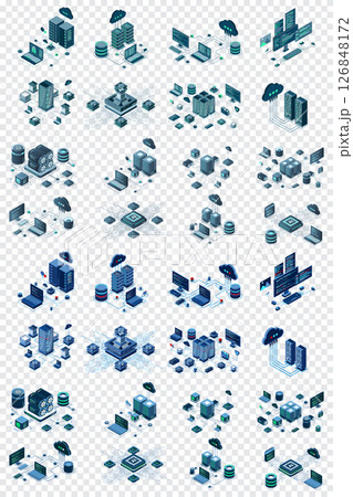 Large set of isometric modern technology concept for cloud computing, datacenter, database, artificial intelligence, and blockchain technology. Isometric technology 126848172
