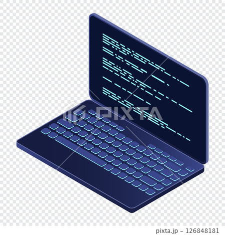 Isometric laptop. 3d isometric laptop computer. Abstract programming language and program code on a laptop screen. Isometric technology Isometric laptop. 3d isometric laptop computer. Abstract programming language and program code on a laptop screen. Isometric technology 126848181