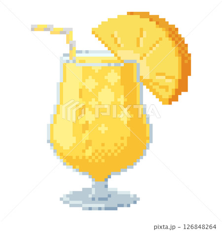 Tropical pineapple cocktail in pixel art style. Retro 8 bit summer drink with fruit slice and straw. Bright and playful design element for games, menu and stickers. 126848264