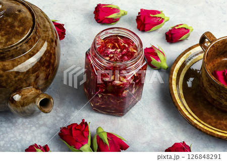 Rose jam in a glass jar. 126848291