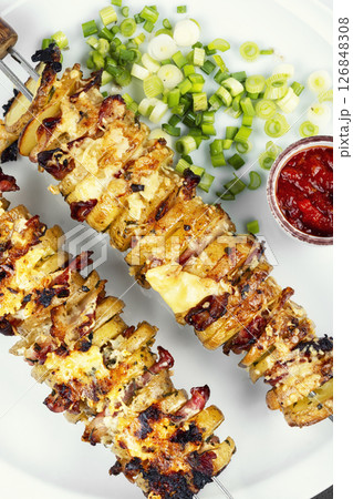 Tasty grilled meat skewers with potatoes. 126848308