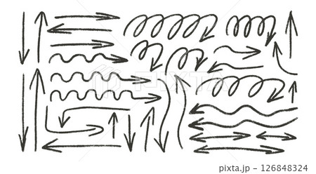 Charcoal drawn arrows collection. Straight and curved thin pointers doodle elements set. Scribble freehand arrow markers Vector illustration. Grunge chalk freehand graphic on white background 126848324