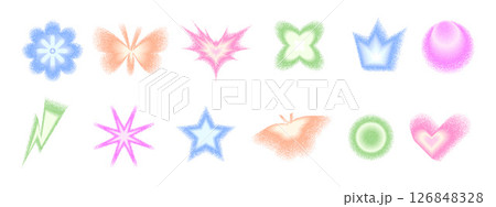 Gradient dots geometric shape set. Y2k retro heart, star and circle with flower forms. Colorful butterfly, crown icons on white background. Trendy effect with stippling texture. Vector illustration 126848328